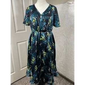 Torrid Midi Dress‎ Teal Blue Yellow Print Short Sleeve Faux Wrap Artsy 00 (M/10)